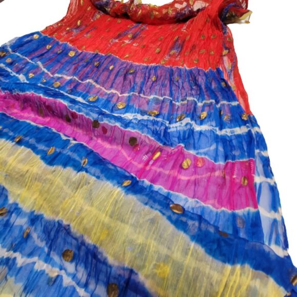 Colourful Dupatta Scarf Blue Pink Red and Yellow Colors and Gold Coin Tassels - Picture 1 of 5